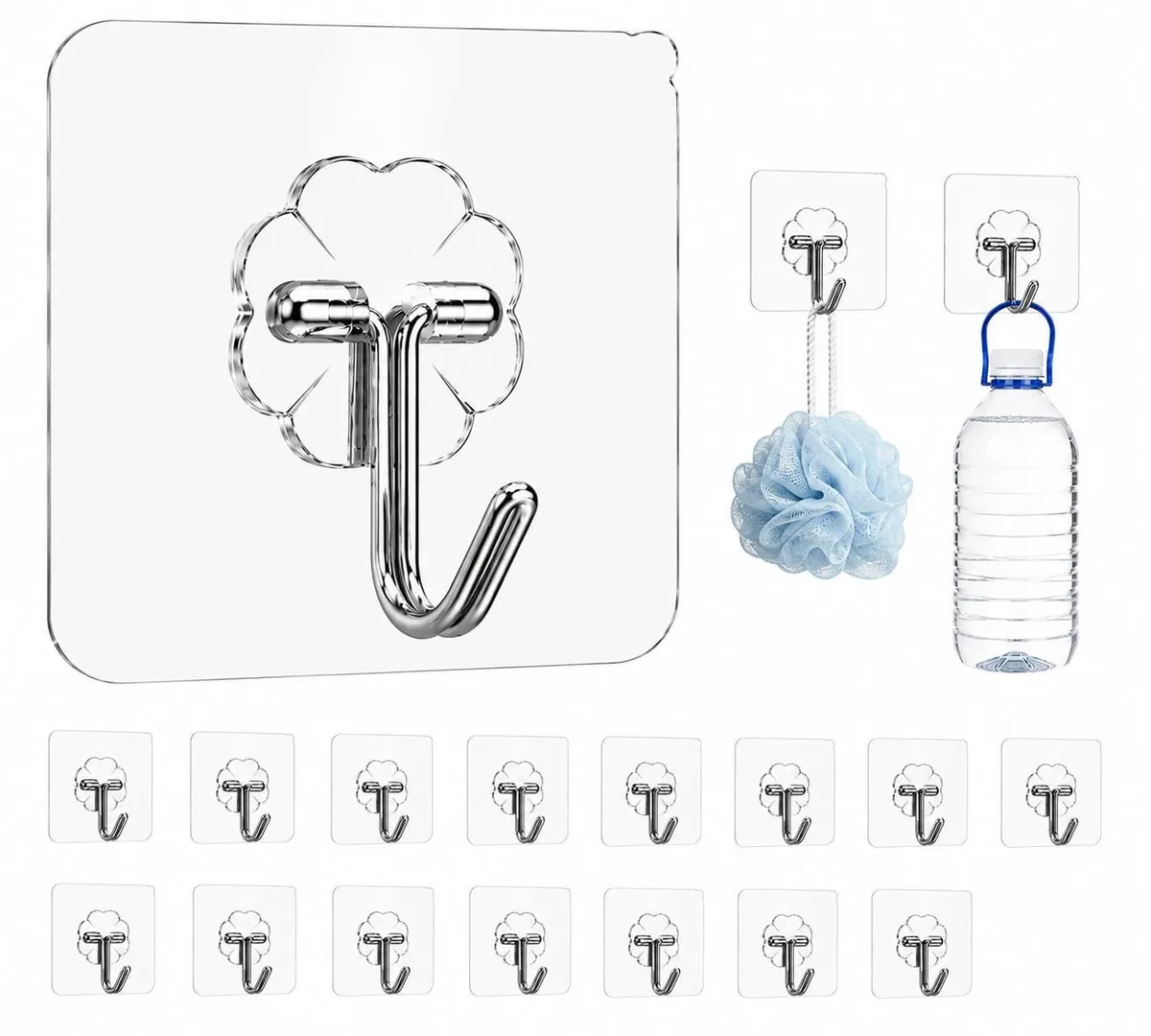 Clear adhesive wall hooks with metal J hangers, 16 pack