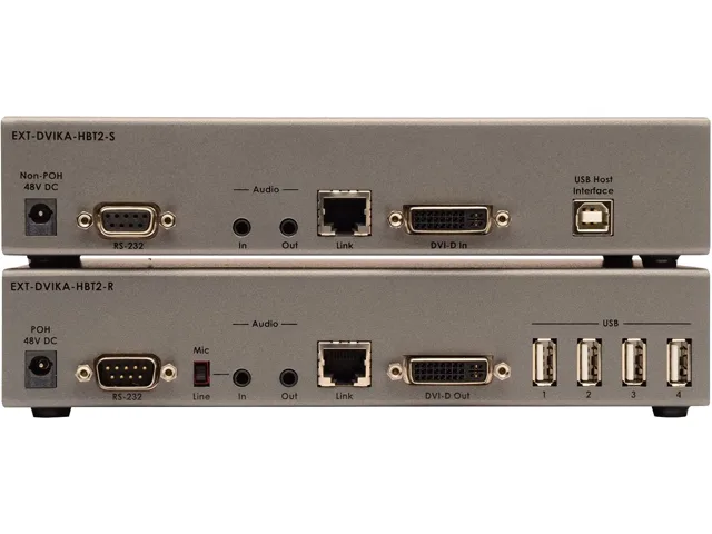 Rectangular metal KVM extender unit, matte black finish, front status LEDs, rear RJ45 and locking power ports