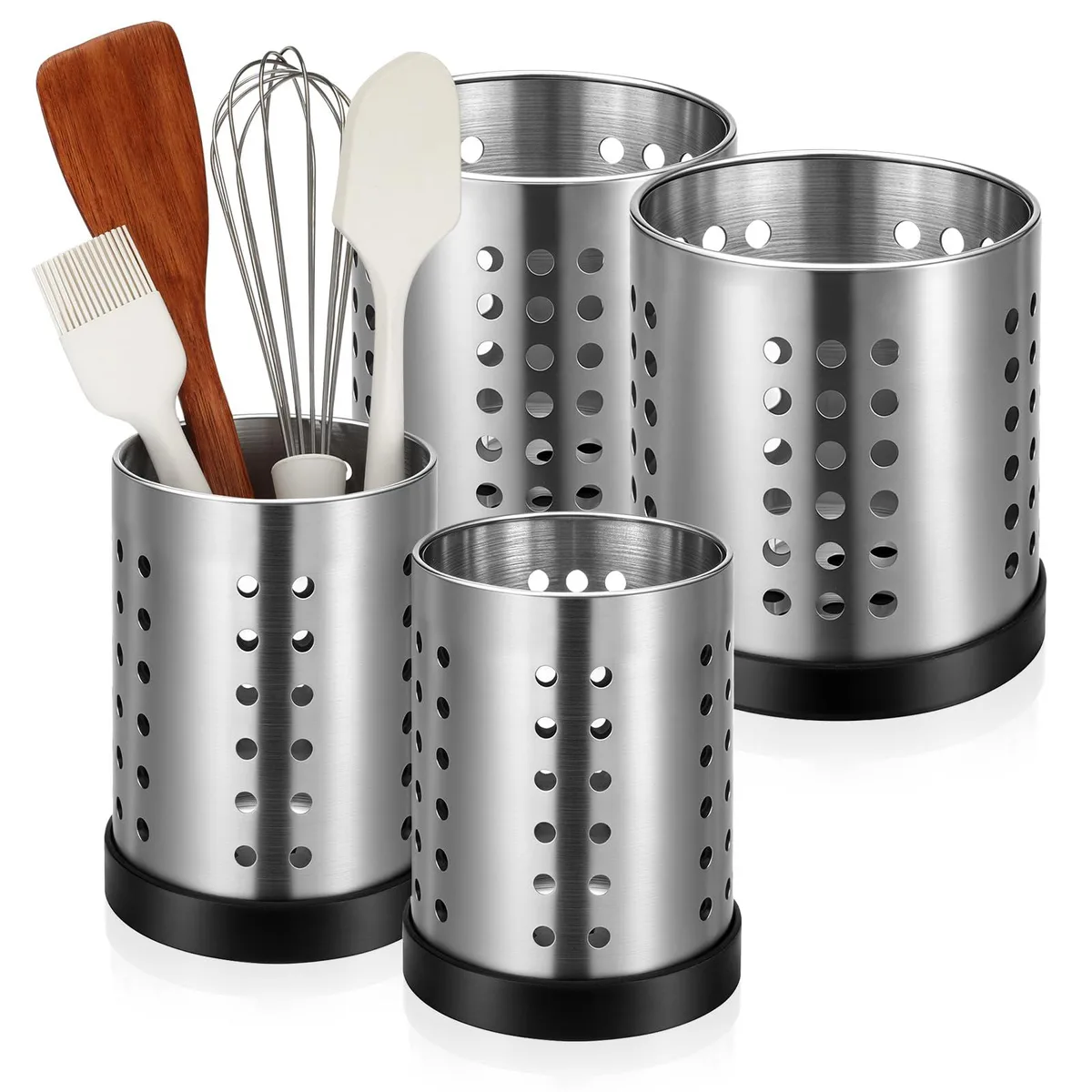 Four stainless steel utensil holders two large two small with perforated sides