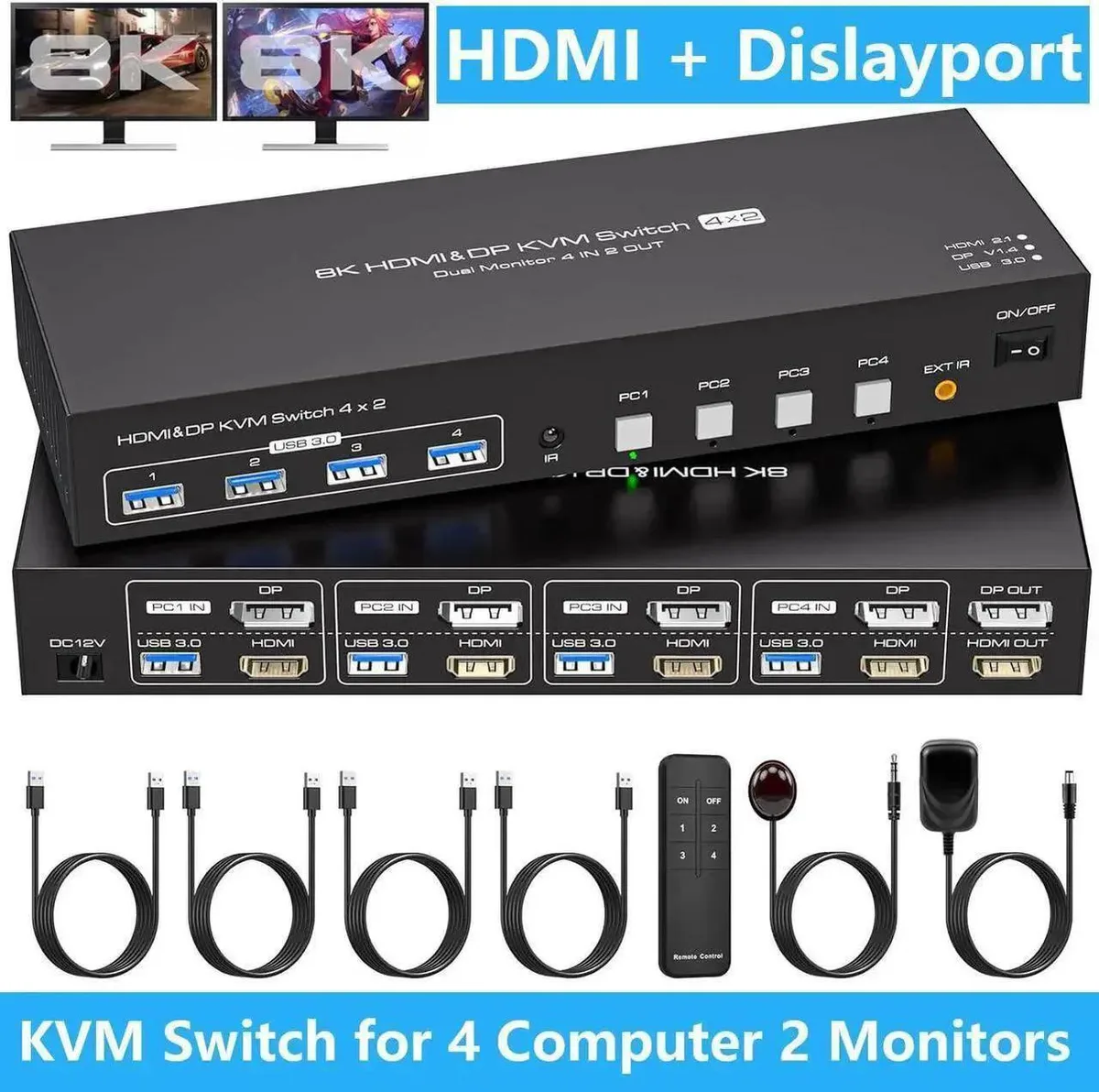 Compact black KVM switch with front port buttons and rear HDMI DisplayPort connections