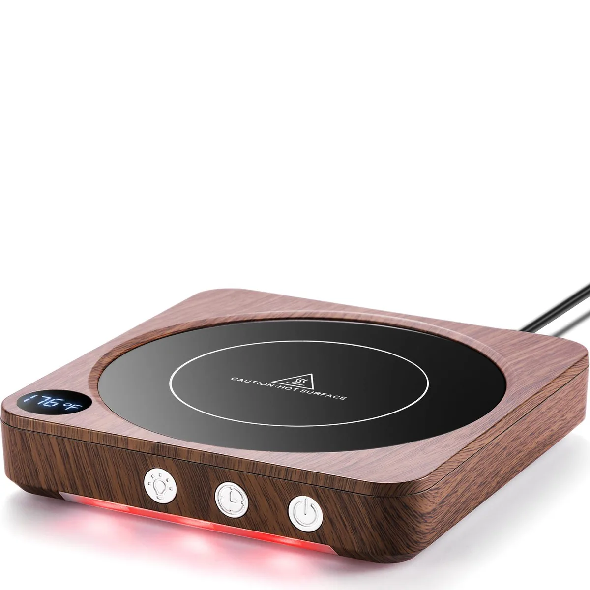 Wood-finish circular mug warmer with digital temperature display