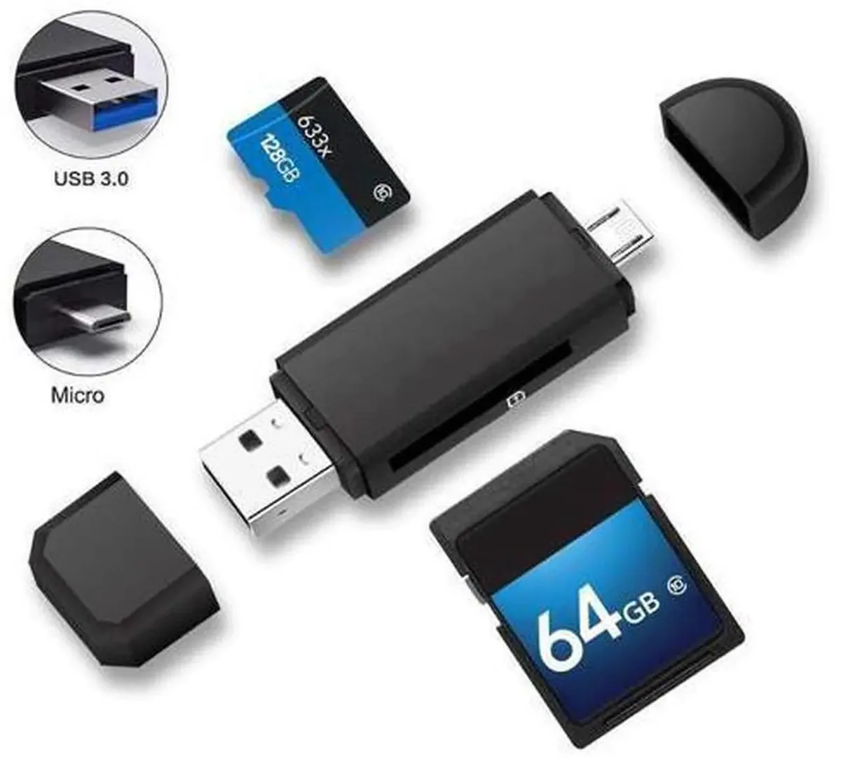 Compact 2-in-1 USB 3.0 OTG card reader with dual connectors