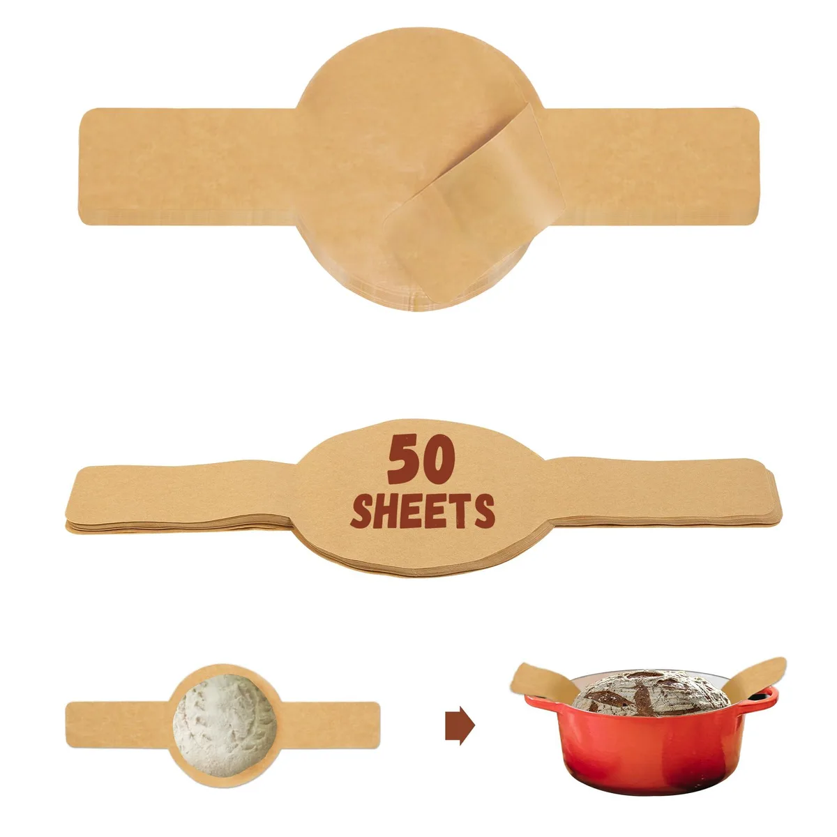 Round unbleached parchment sheets with long handles for Dutch oven baking