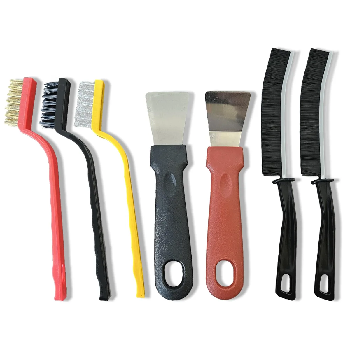 Seven-piece crevice brush set with stiff bristles, scrapers and wire brushes in mixed finishes