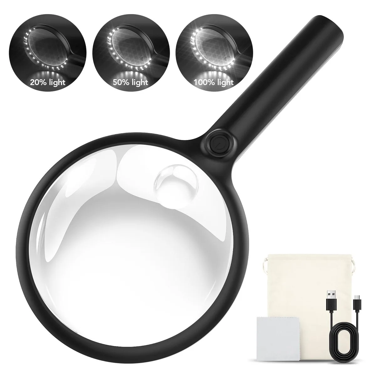 Black handheld magnifier with 5.2-inch lens and 24 LEDs