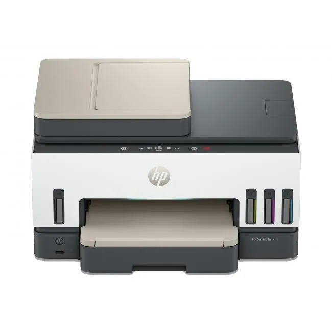White rectangular all-in-one ink tank printer with 3.0 inch touchscreen and paper trays