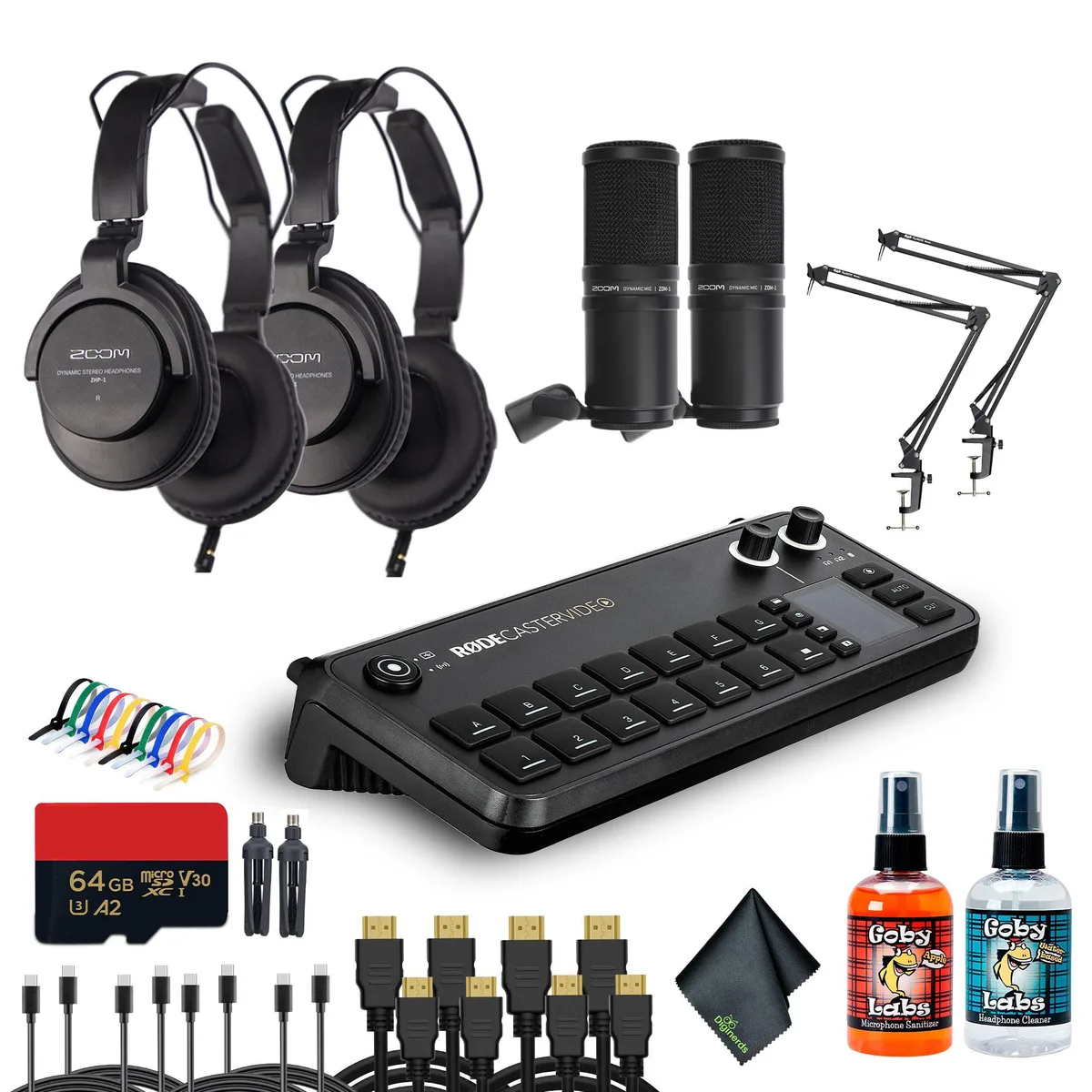 RODE Microphone RODECaster Video Production Console Bundle 2x Headphones 2x Microphones 64GB SD 4x USB-C 4x Video Cables — product photo