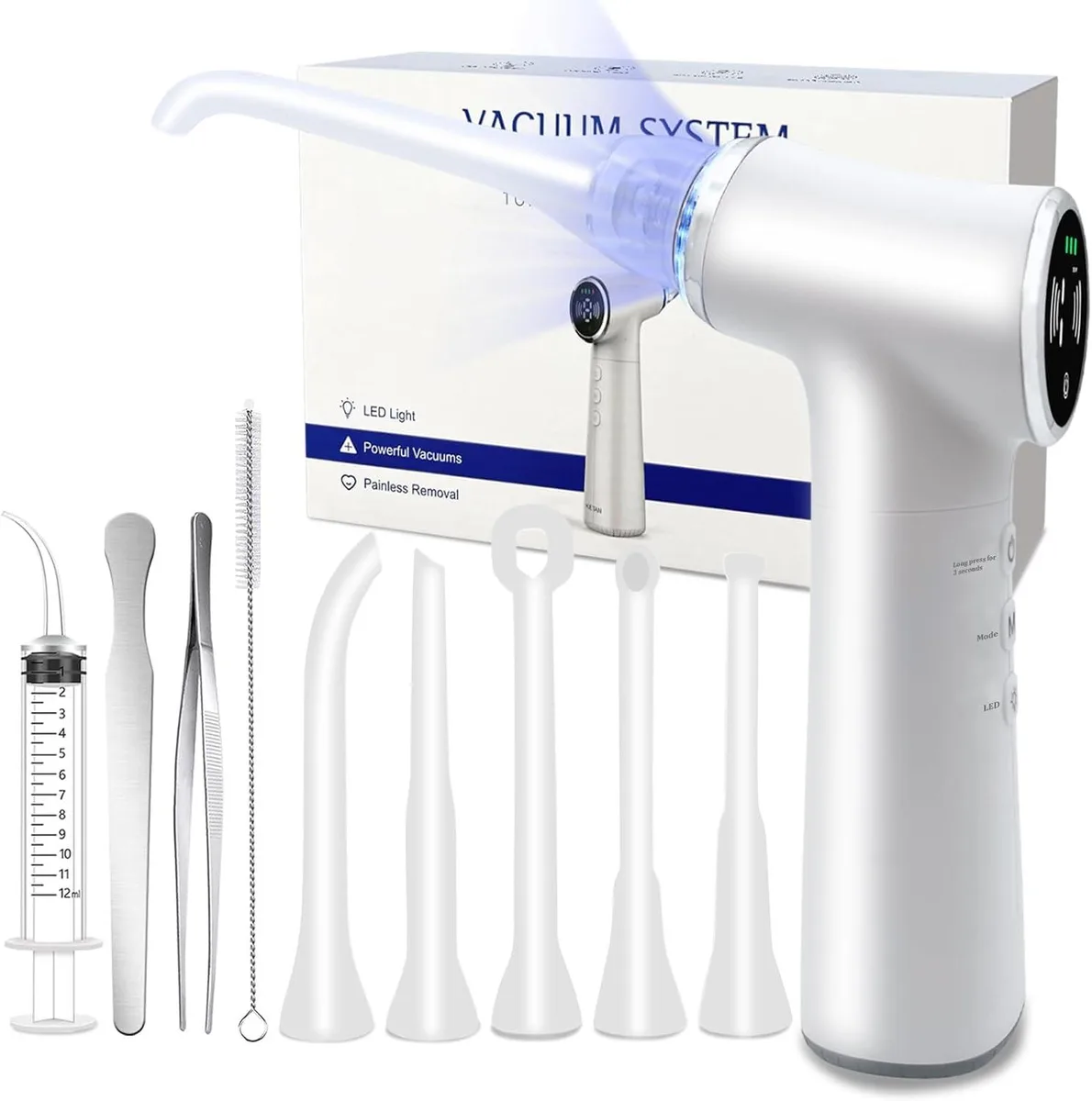 White handheld oral suction device with built-in LED light and silicone tips