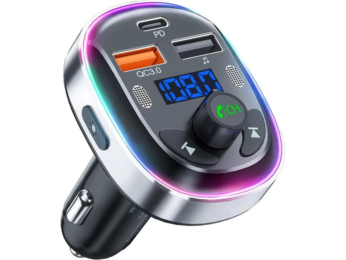 KEHIPI KEHIPI Bluetooth 5.3 FM Transmitter Car Charger 30W PD QC 3.0 Dual Mic Metal Shell 7-Color Lights — product photo