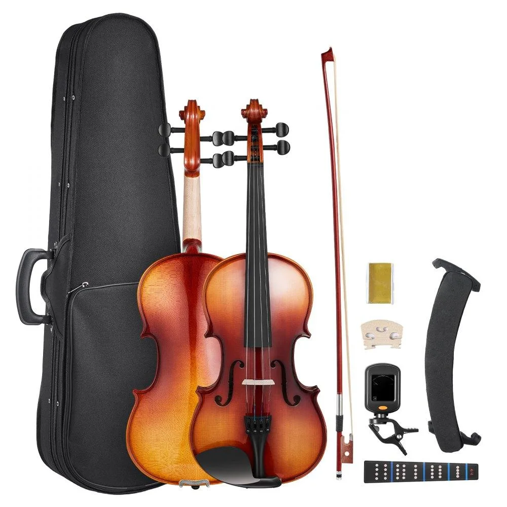 Glossy brown full-size violin in hard case with bow and accessories