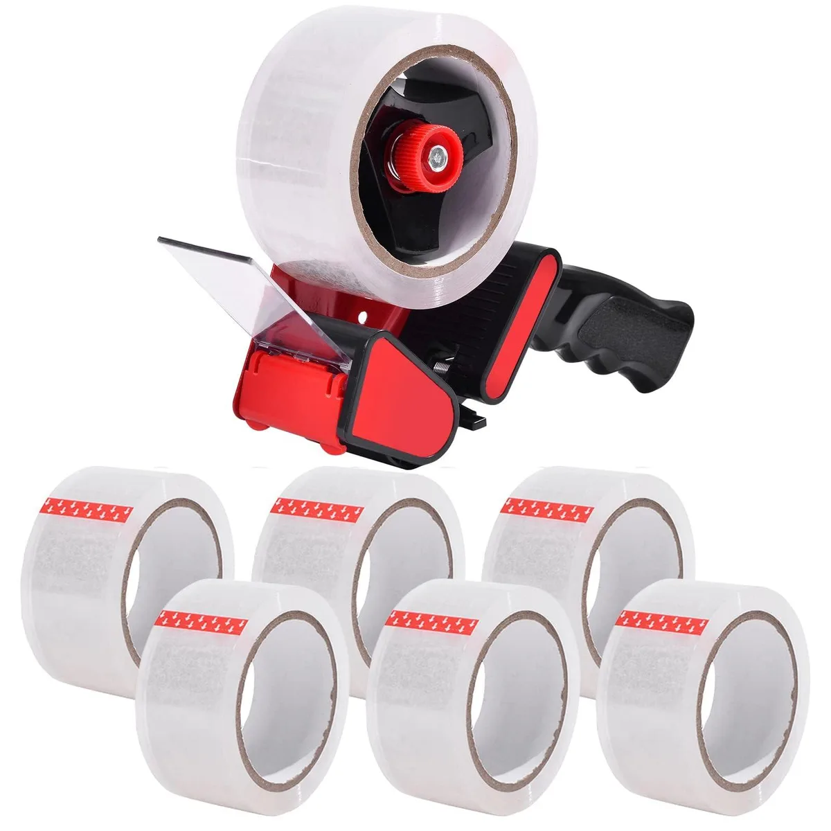 Metal hand-held tape dispenser with six clear tape rolls, matte finish