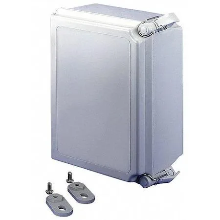 Gray fiberglass electrical enclosure with hinged solid cover and captive screws quick release