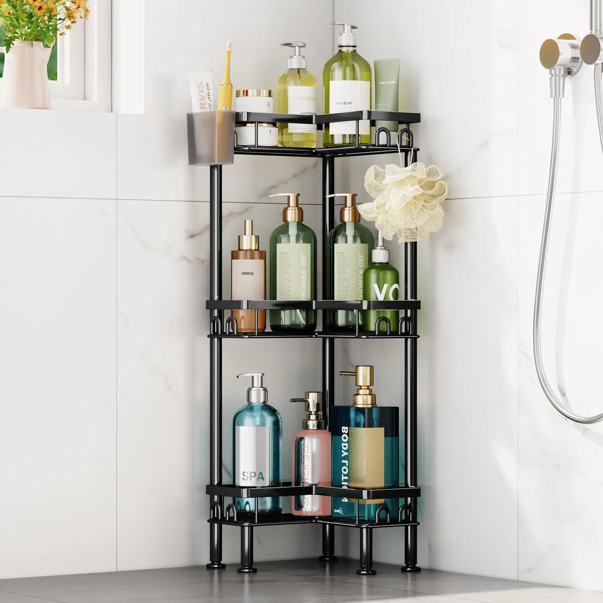Black freestanding corner shower caddy, three L-shaped polished chrome shelves, toothbrush holder, twelve hooks, 31.02 inches tall