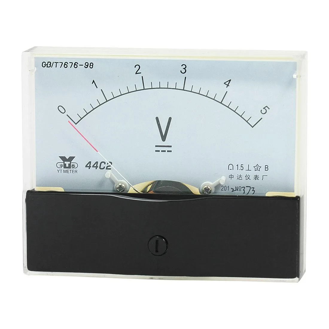Square black analog panel voltmeter with white scale and clear face