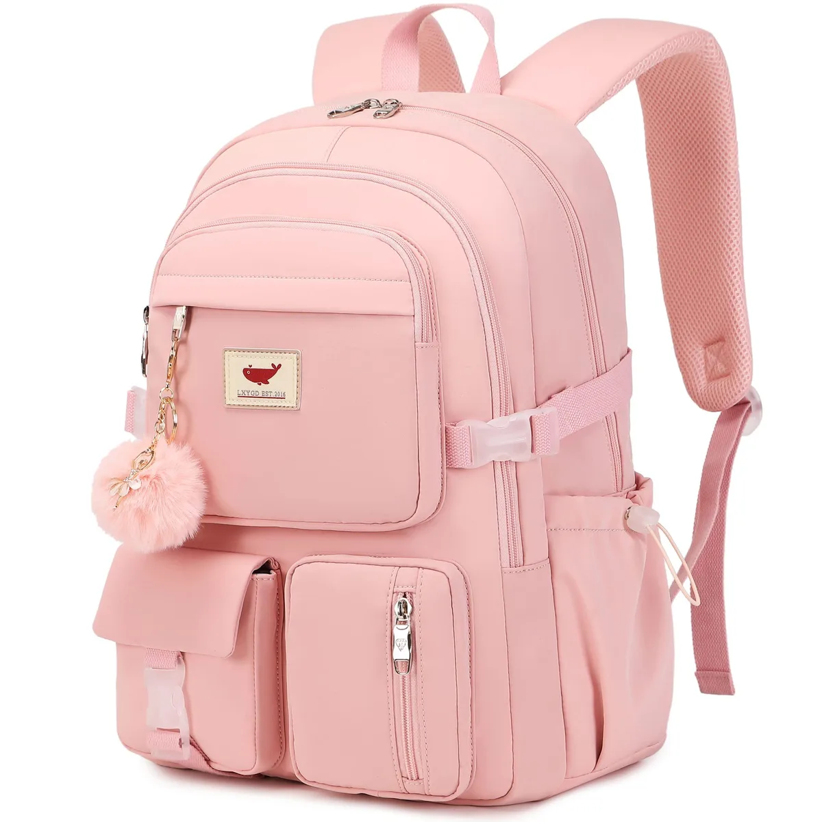 Pink nylon laptop backpack with padded 15.6 inch compartment, fluffy ball pendant, multiple zip pockets and adjustable straps