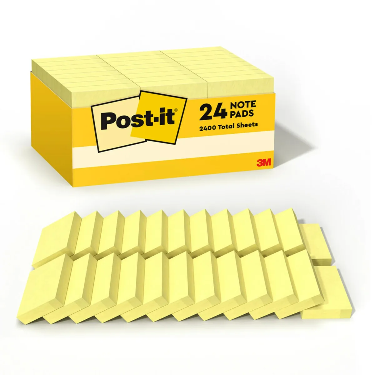 Twenty-four square Canary Yellow sticky-note pads in a rectangular pack