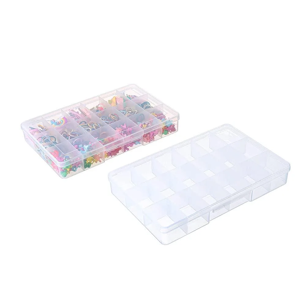 Two clear plastic compartment boxes with silver lids, 18 fixed grids each, snap-tight closures, three hinges, stackable design