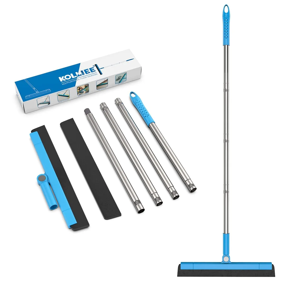 Blue foam blade on stainless steel handle adjustable to 59 inches with 180 degree pivoting head