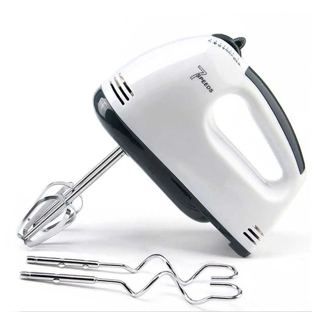 White electric hand mixer with two whisk attachments and egg separator