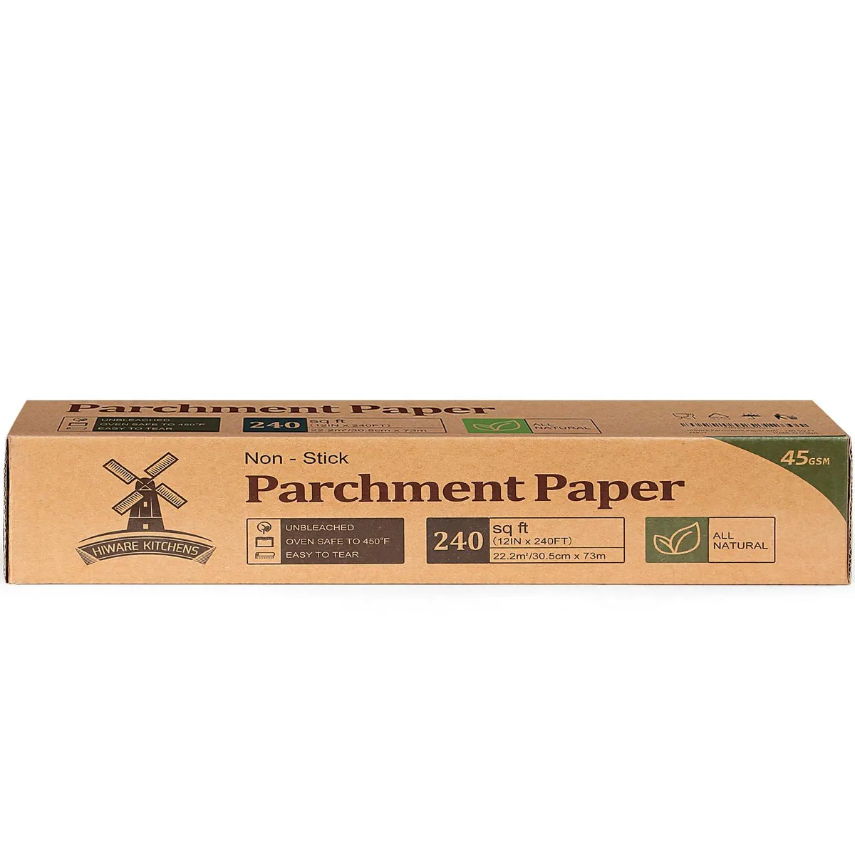 Unbleached parchment paper roll in cardboard box with cutter, natural brown colour