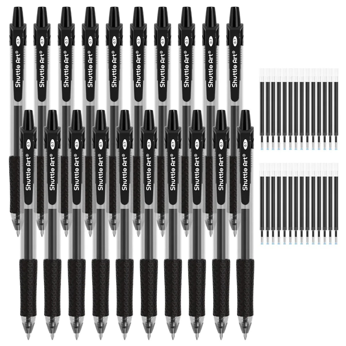 Black retractable gel pens in bulk pack with refills, translucent barrels show ink level