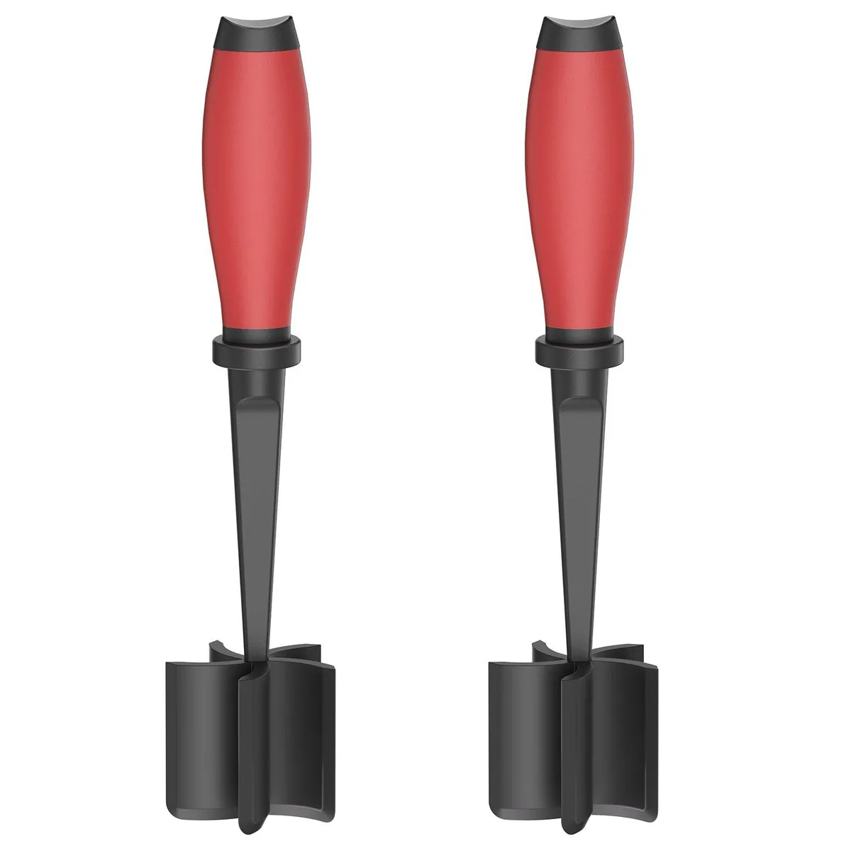 Two red nylon meat choppers with five curved blades and ergonomic handles