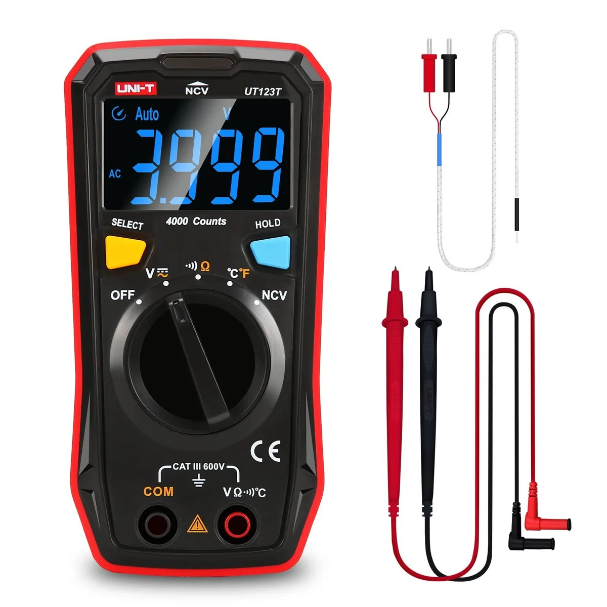 Yellow handheld digital multimeter with black rubber edges, LCD screen, rotary dial, test leads and thermocouple probe