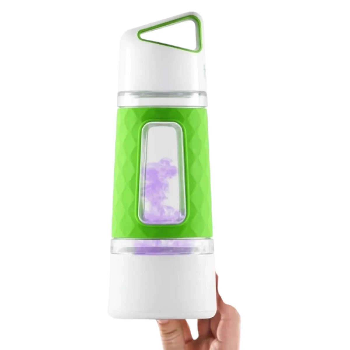 Green 20oz Tritan infuser bottle with fruit basket and silicone sleeve