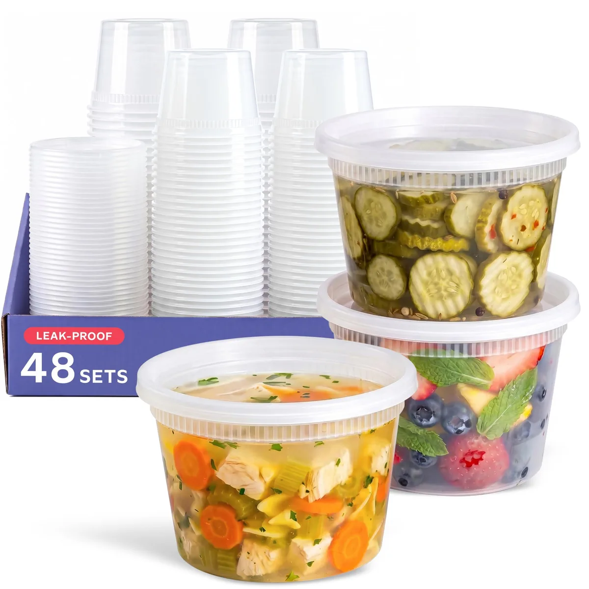 Clear plastic 16 oz deli containers with snap-on lids, 48 sets in a rectangular box