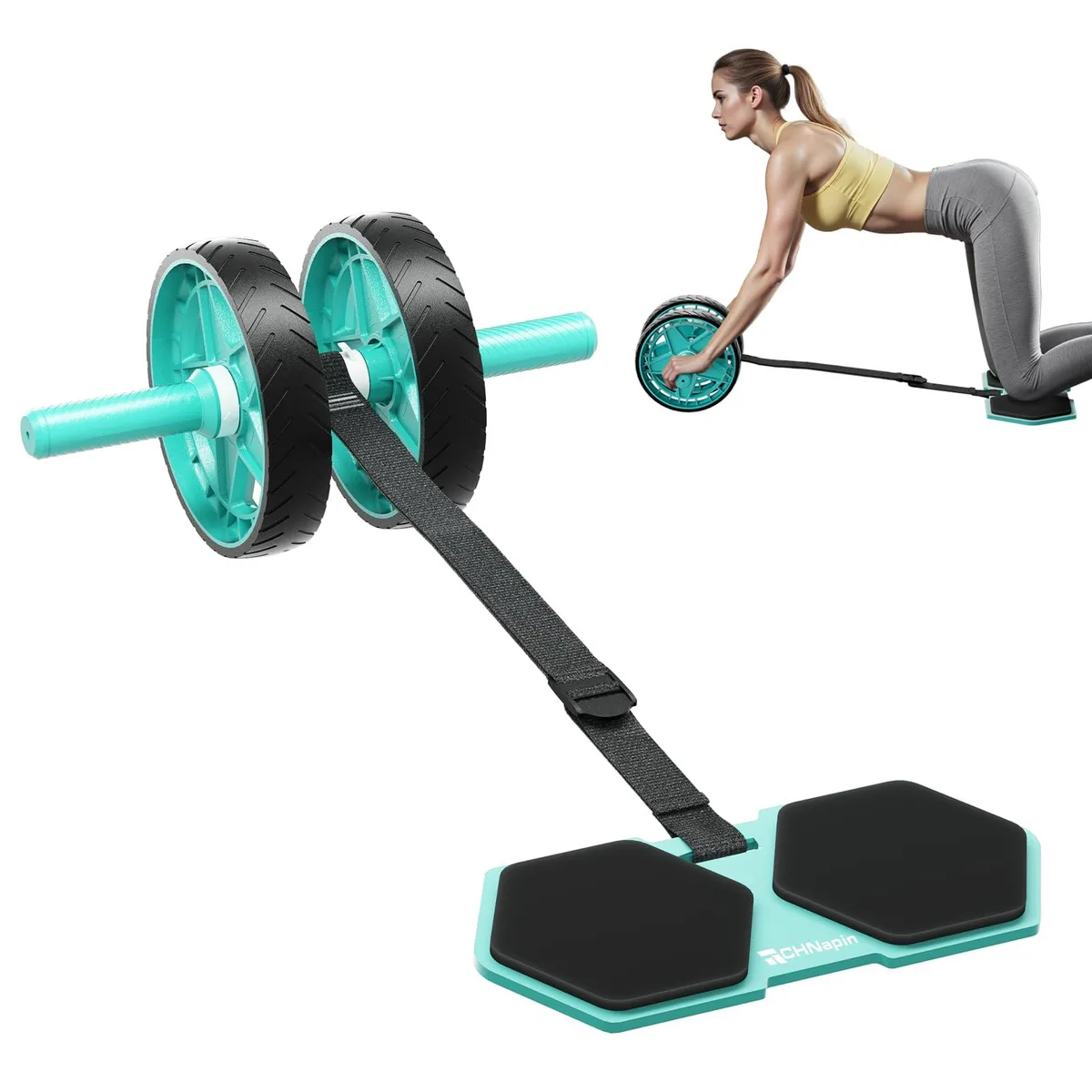 Green double-wheel ab roller with knee pad and resistance bands