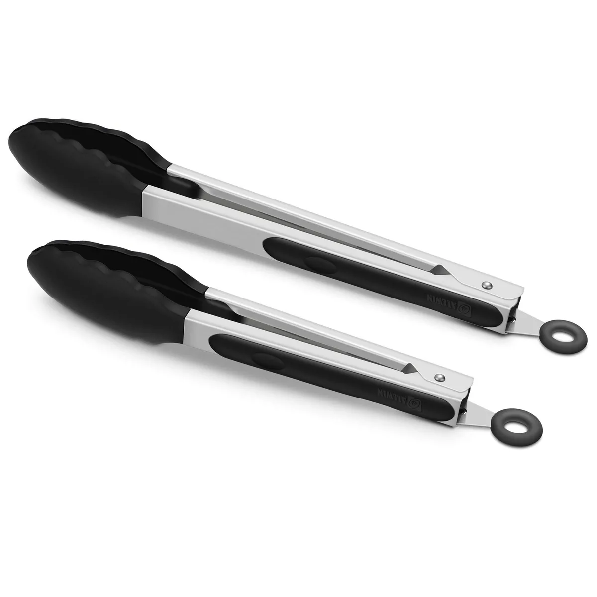 Two black silicone-tipped stainless steel tongs, 9 and 12 inch, polished finish