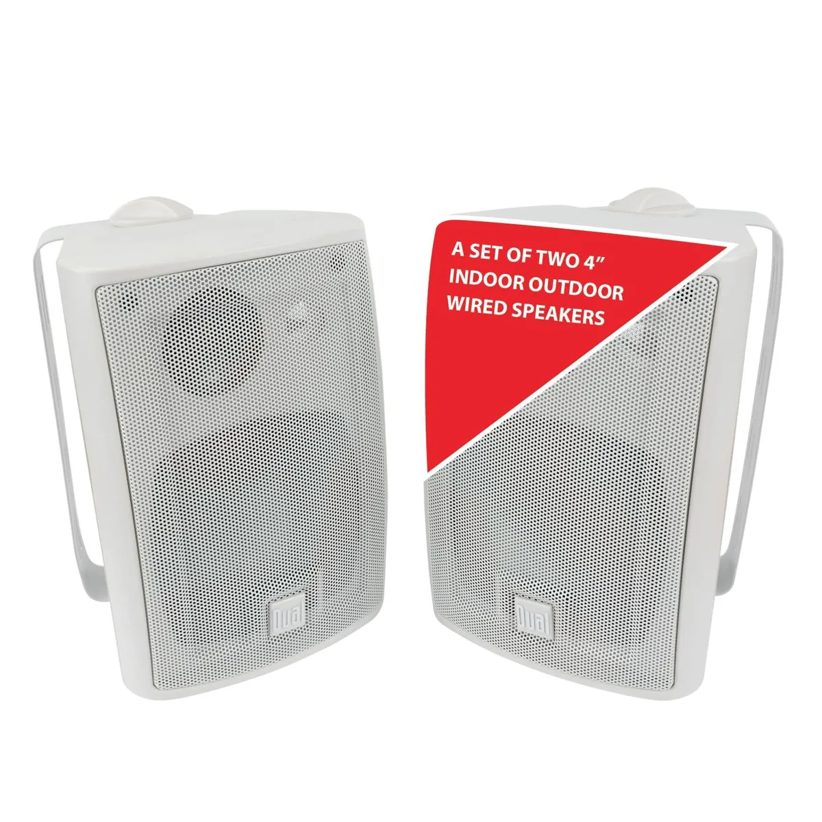 White rectangular outdoor speaker with black driver cones and mounting bracket