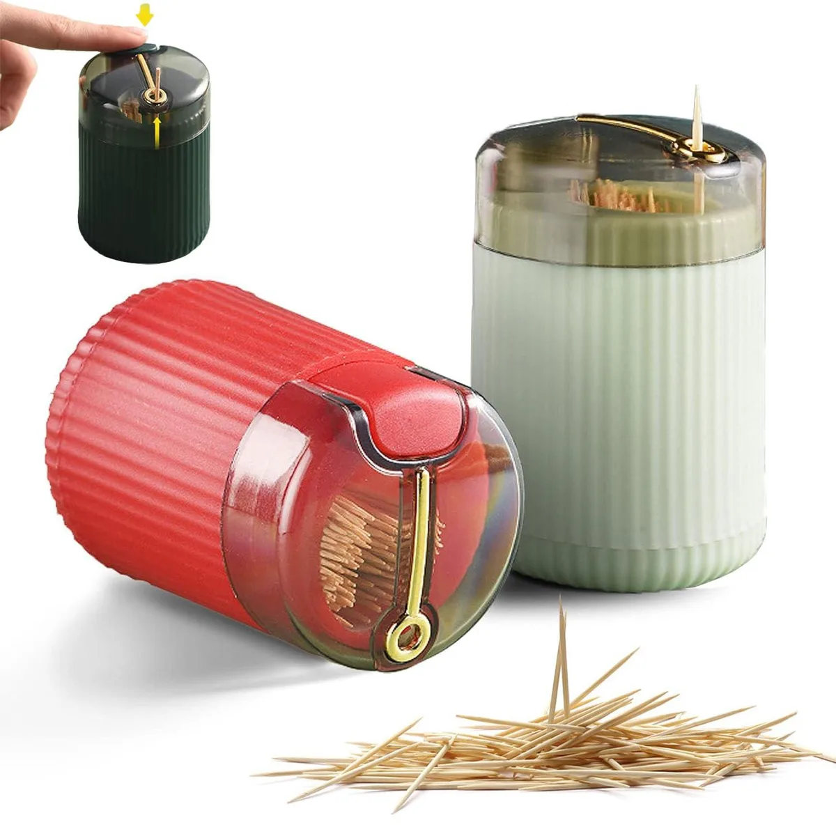 Silver rectangular toothpick dispenser with press-top mechanism and transparent cover