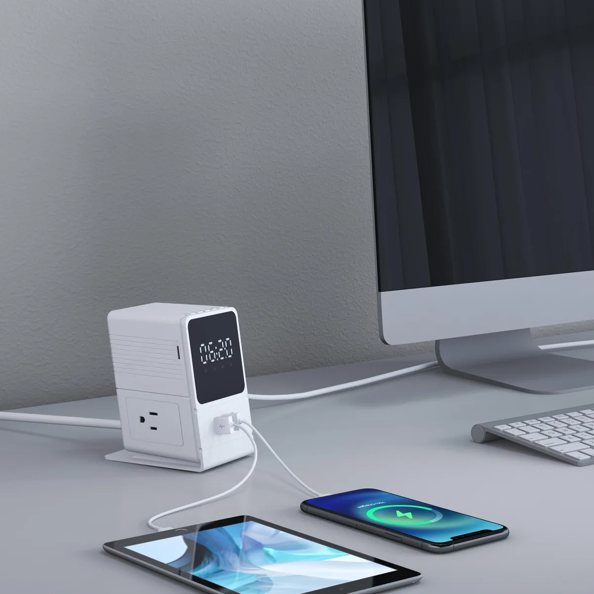 Compact cube power strip with AC outlets USB ports clock and Bluetooth speaker