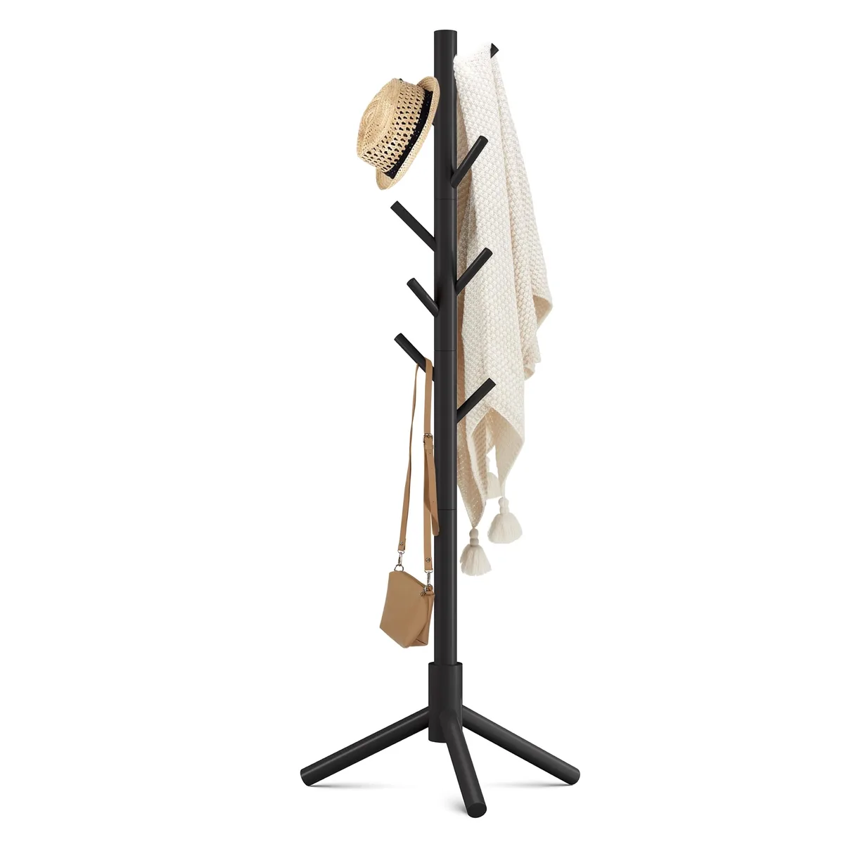 Light wooden coat rack stand, three splayed legs, eight hooks, four adjustable sections, natural pine finish