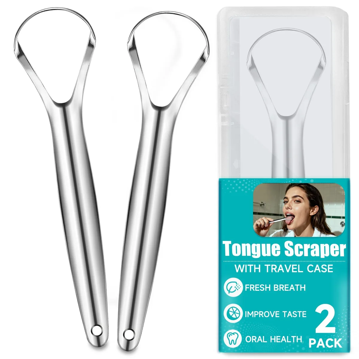 Two silver stainless-steel tongue scrapers with travel case