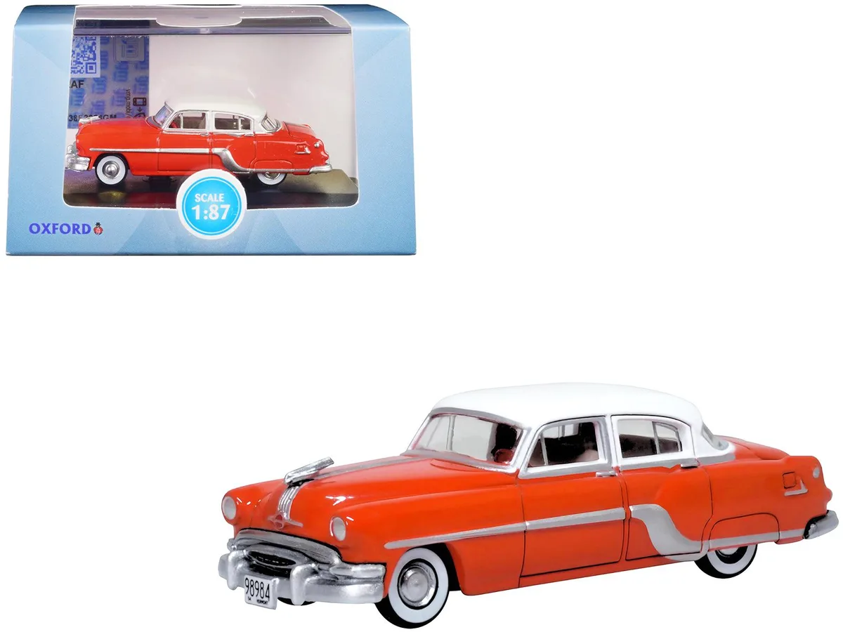 Oxford Diecast Oxford Diecast 1954 Pontiac Chieftain 4 Door Coral Red Winter White Top 1/87 HO Scale hobby collectible — product photo