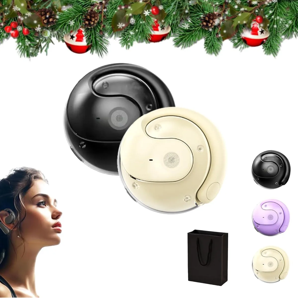 Pair of white wireless earbuds in a matching charging case, compact oval shape, matte finish