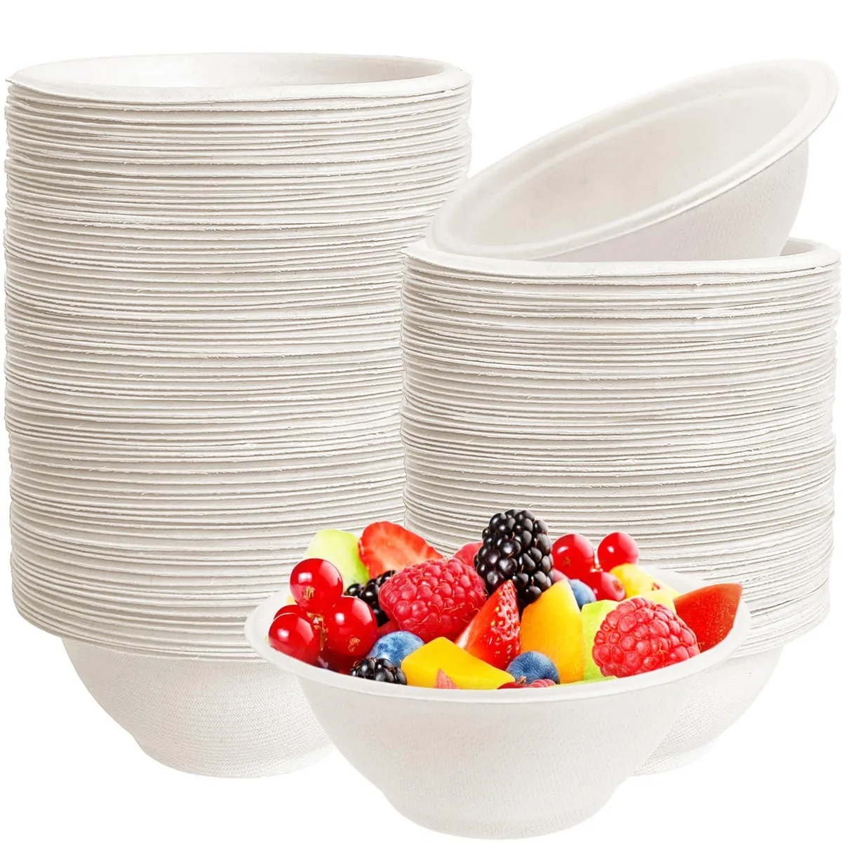 Stack of 100 round brown compostable paper bowls, 8 oz capacity