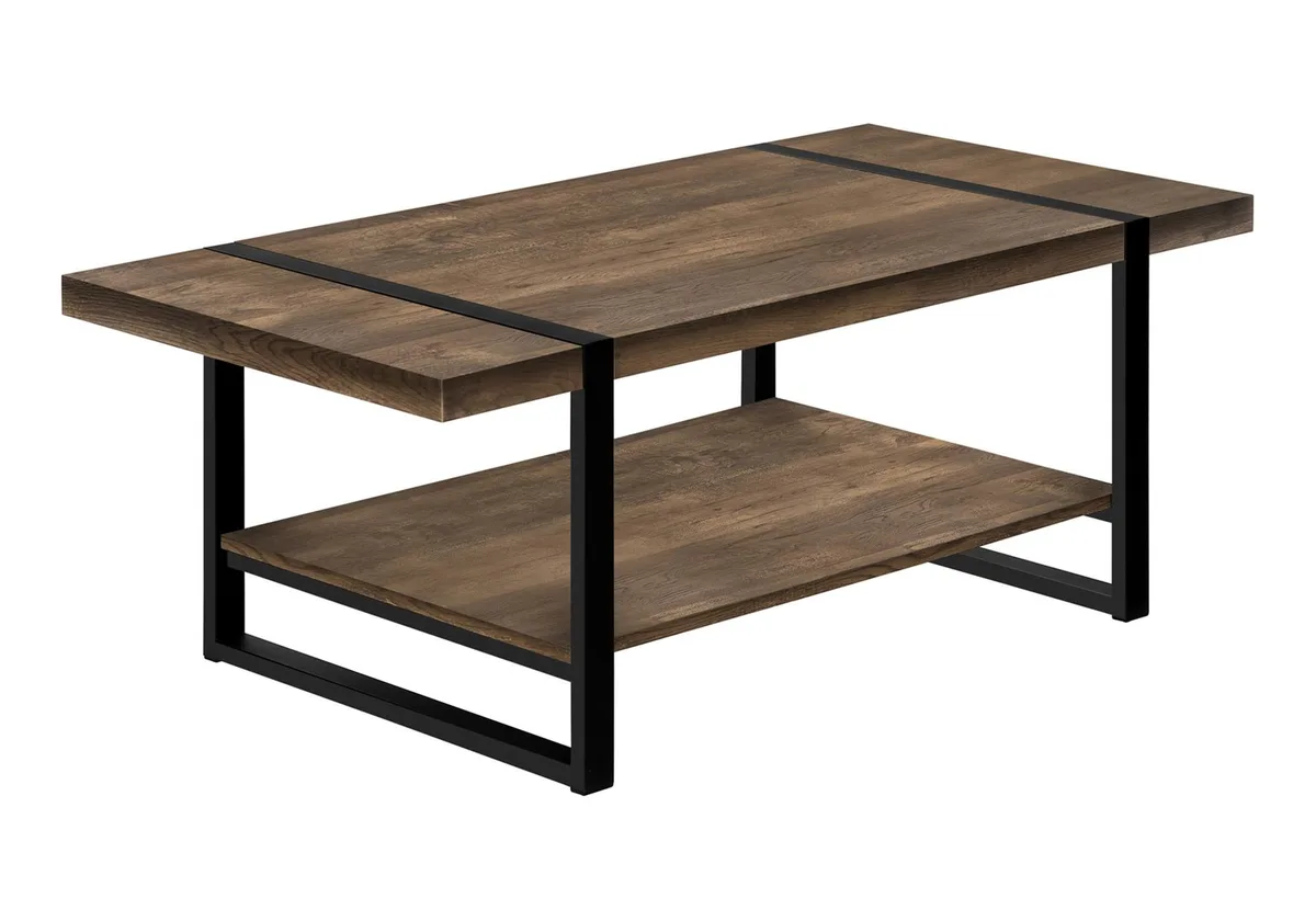 Rectangular coffee table with brown laminate top, black metal legs, and lower shelf