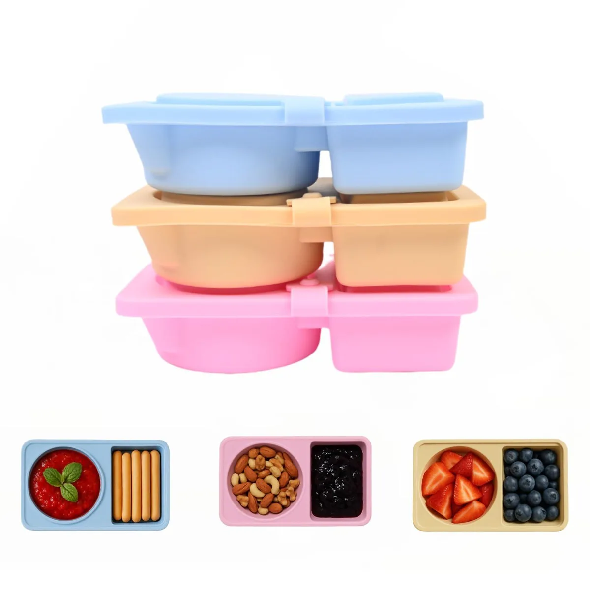 Three red silicone snack containers with double compartments and lids