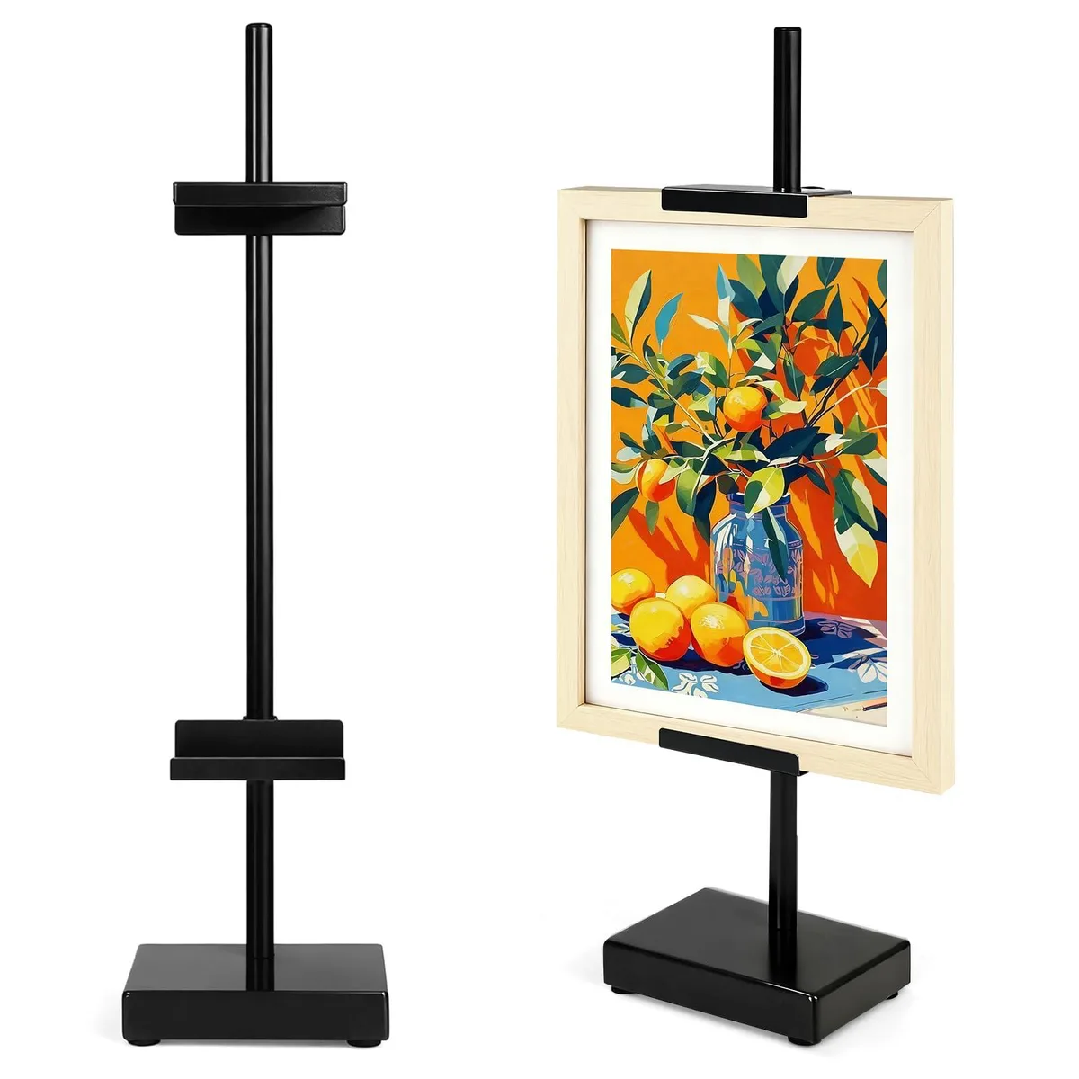 Black metal tabletop easel stand with adjustable bracket and foam-padded base