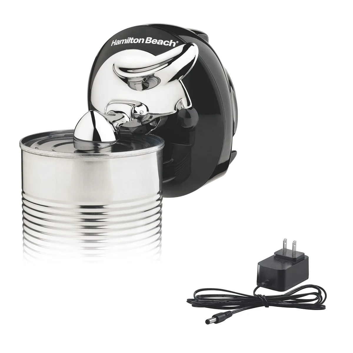 Compact white and grey cordless can opener with stainless blade, magnetic lid lift, removable cutting lever, rechargeable base