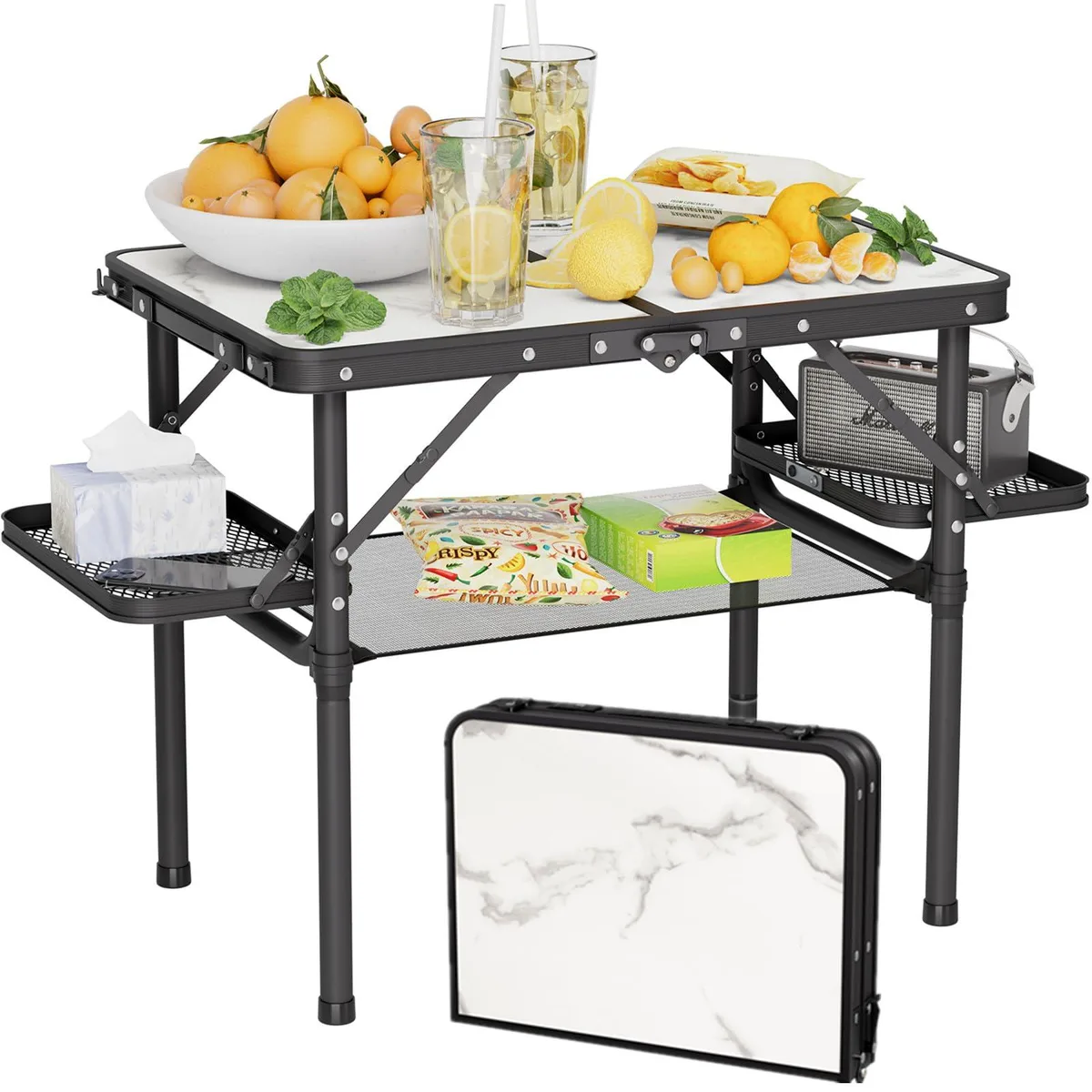 Black foldable camping table with side racks and mesh net, compact aluminium frame