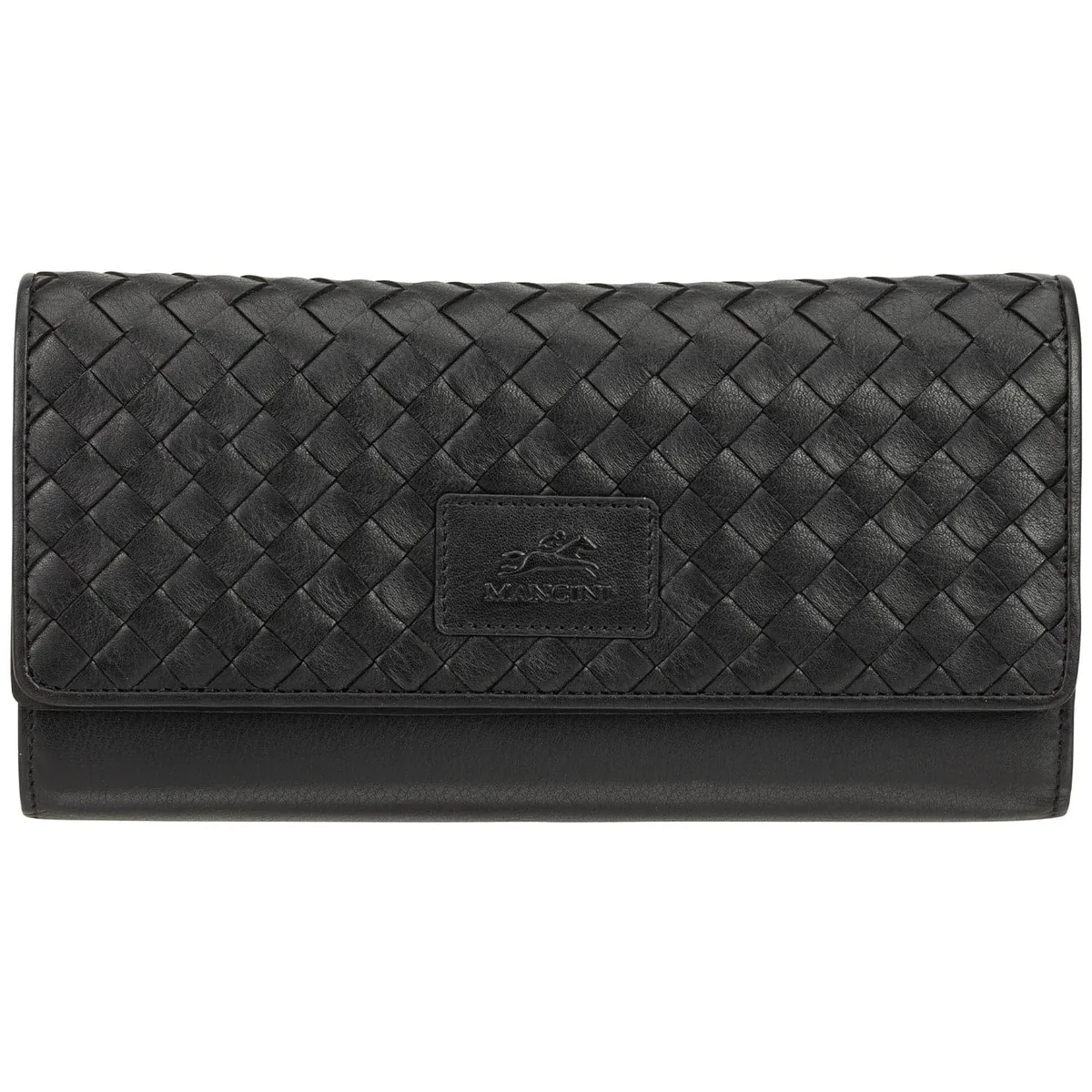 Mancini Leather Goods Mancini Leather Goods Basket Weave RFID Quadruple Fold Wallet Black 22 Card Slots — product photo