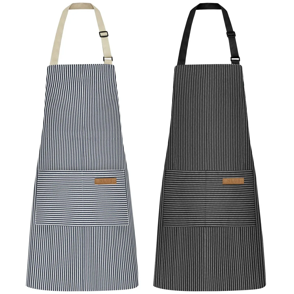 Two new cotton-polyester bib aprons in blue and black pinstripes, each with a front pocket and adjustable neck strap