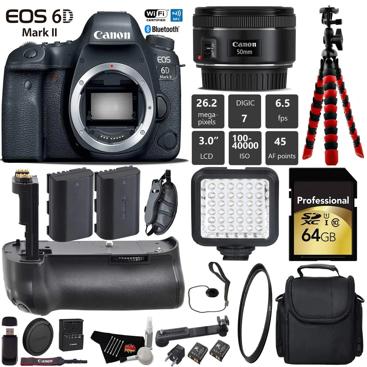 Canon International Canon EOS 6D Mark II 26.2MP DSLR Camera + 50mm f/1.8 STM Lens + 64GB Card + Grip + LED Kit + Accessories — product photo