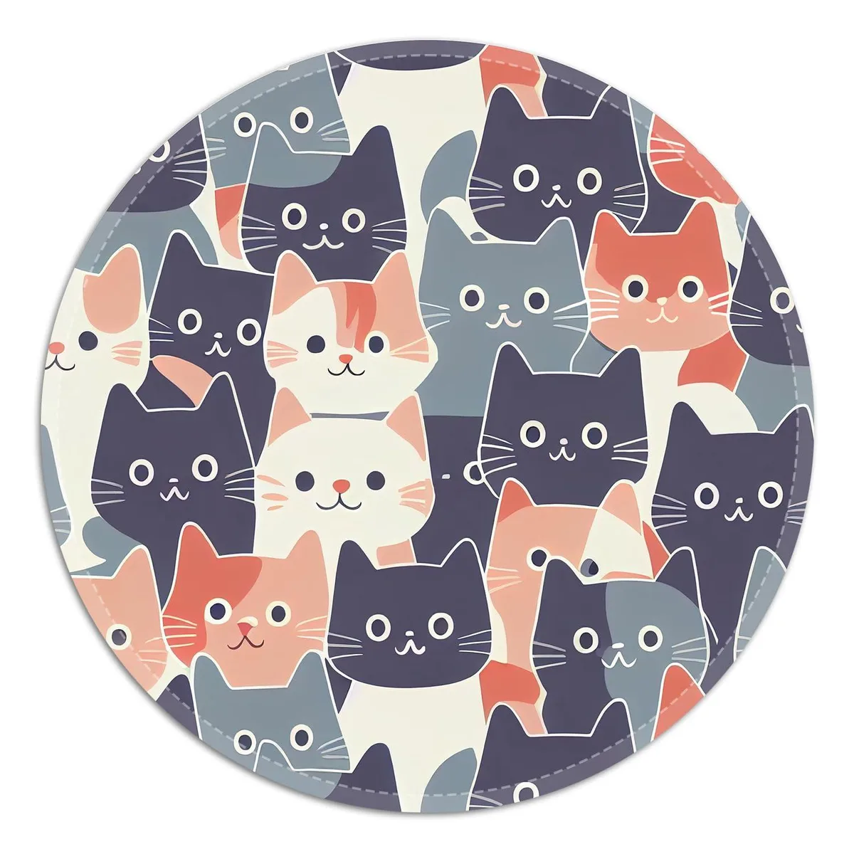 Round mouse pad with cat illustrations, stitched edges, rubber base