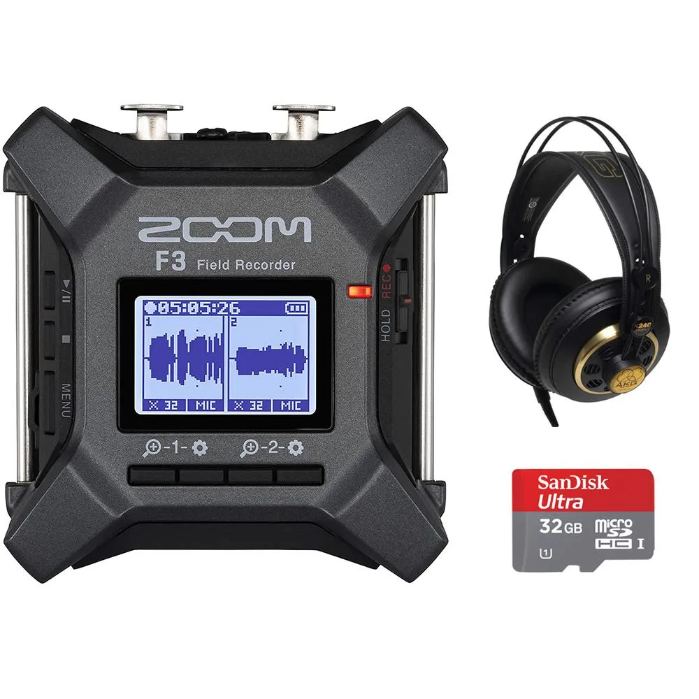 Zoom Zoom F3 2-Input 2-Track Field Recorder Bundle AKG K240 Headphones 32GB microSDHC — product photo