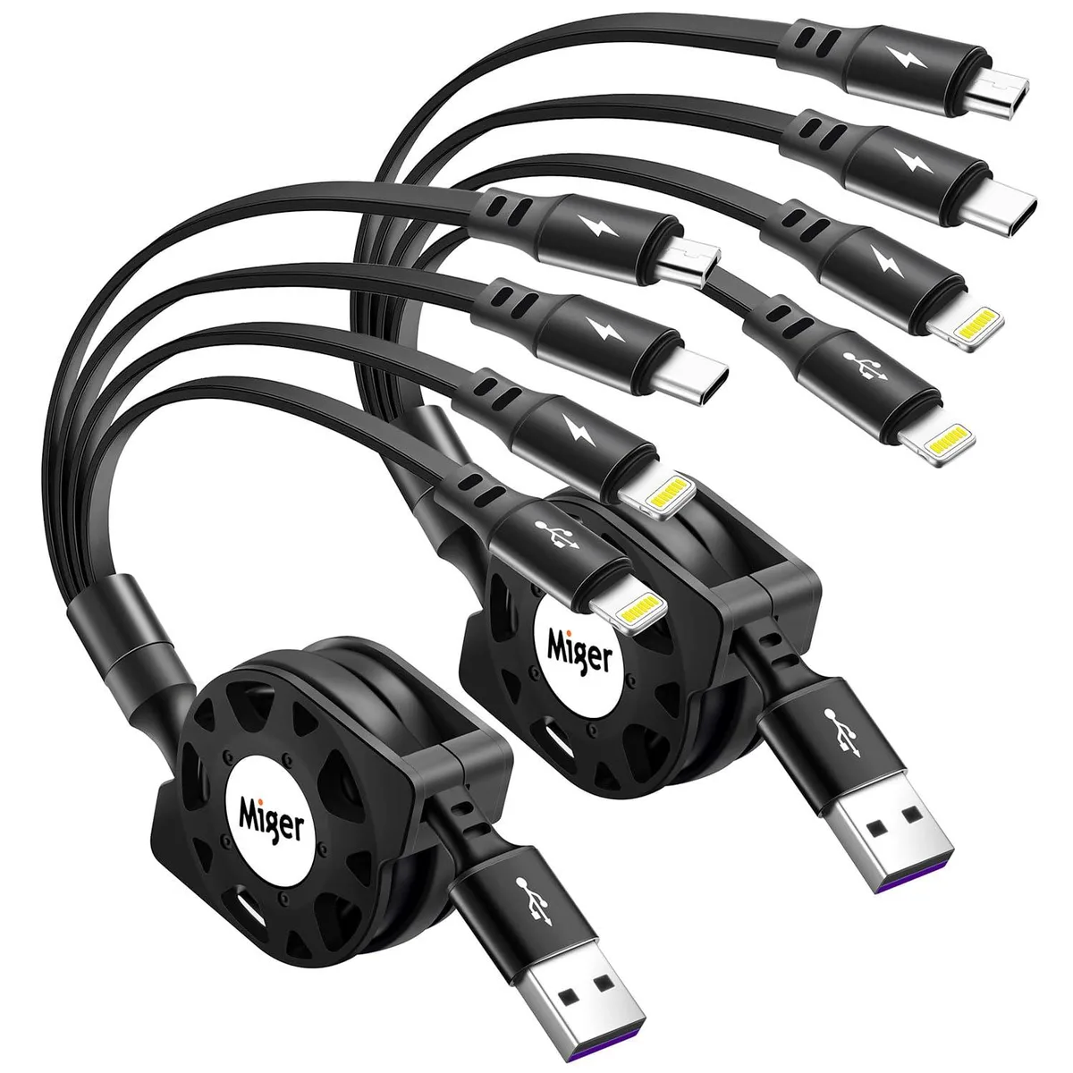 Mobee Mobee 4-in-1 Retractable Charging Cable 2-Pack 4ft Lightning USB-C Micro USB — product photo